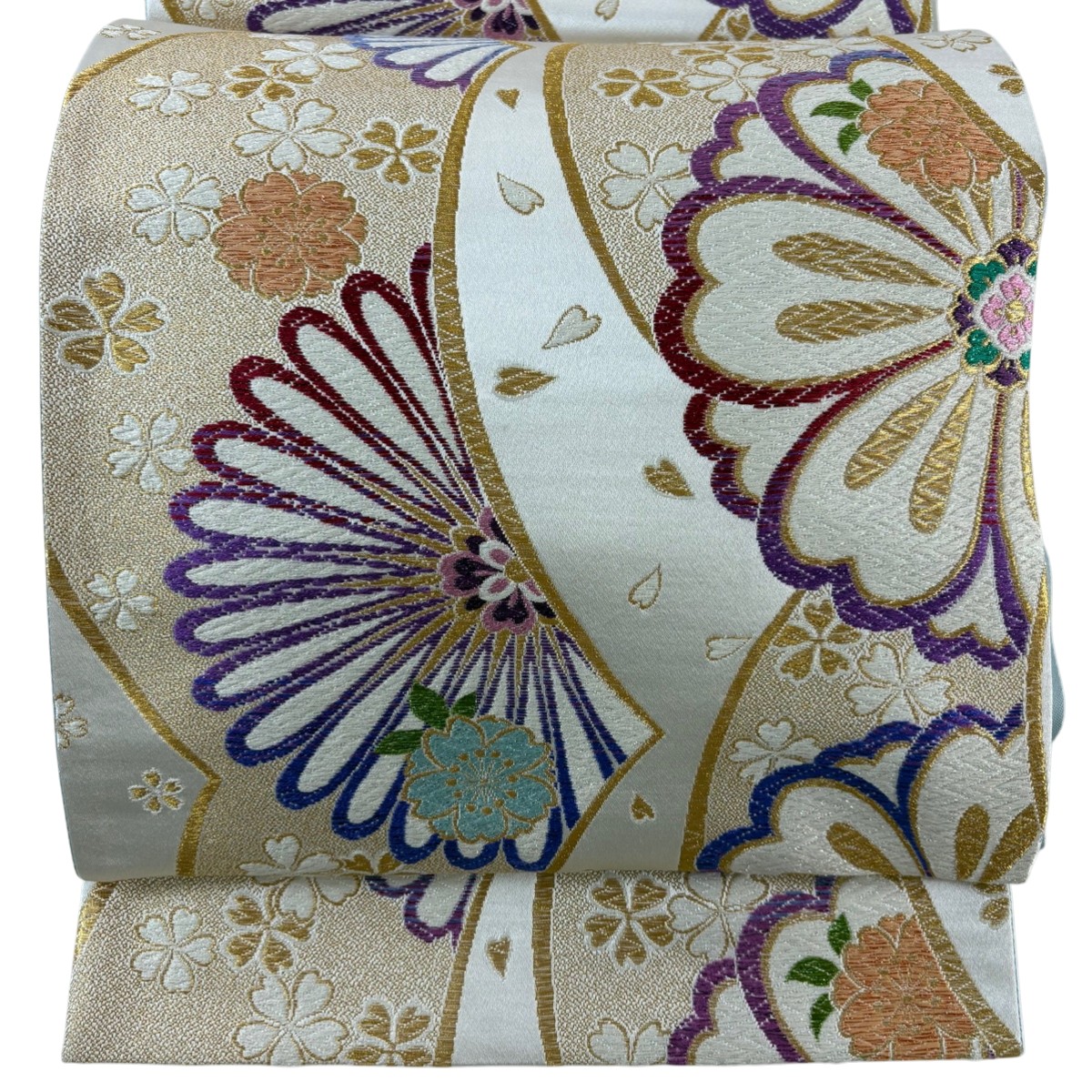 【美品】 袋帯 秀品 菊 桜 金糸 箔 クリーム 六通 正絹 【中古】