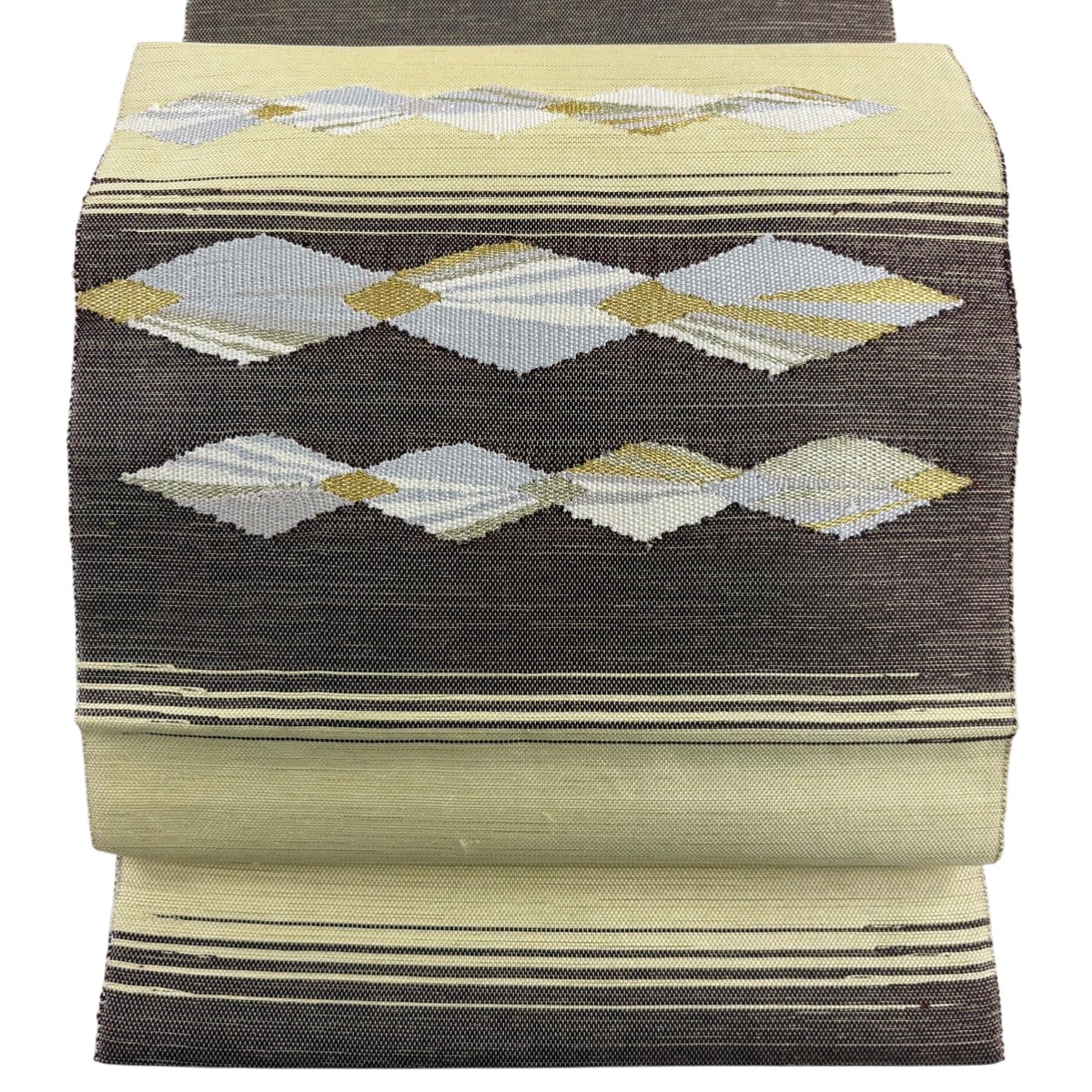 【美品】 名古屋帯 秀品 八寸名古屋帯 松葉仕立て 菱 段縞 金糸 クリーム 正絹 【中古】 msp50