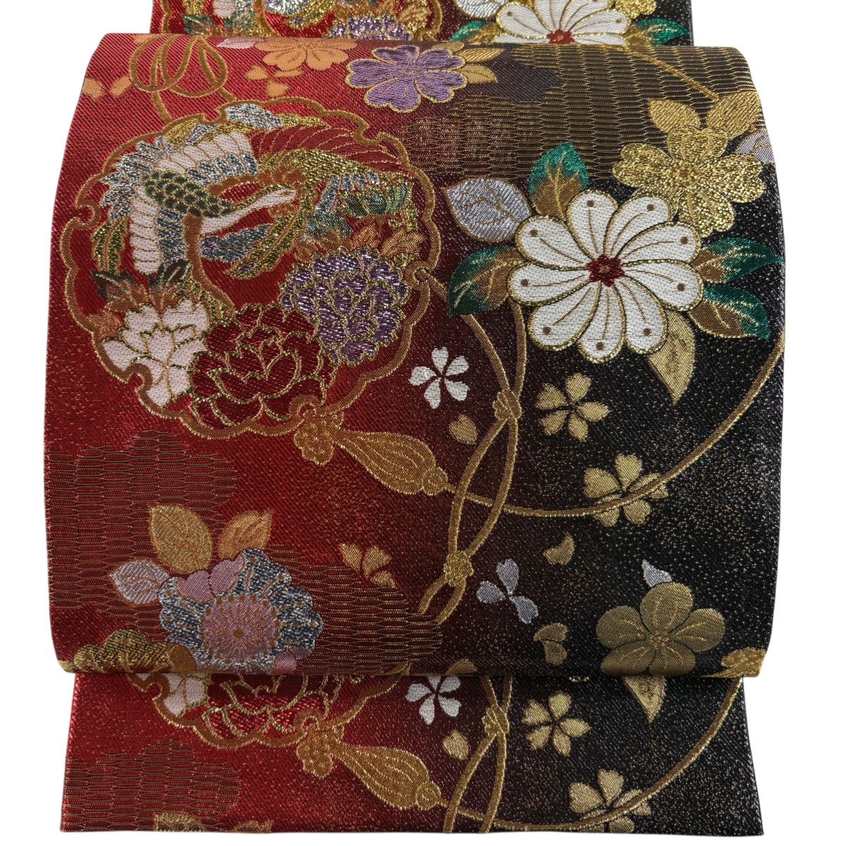 【美品】 袋帯 秀品 振袖向き 雪輪 鶴 箔 赤 六通 正絹 【中古】
