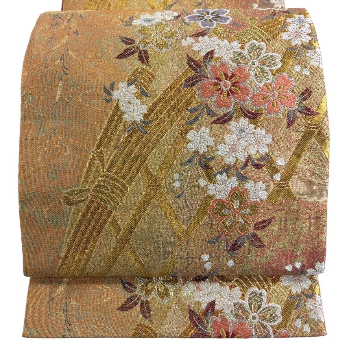 【美品】 袋帯 秀品 桜 光悦垣 金糸 箔 金色 六通 正絹 【中古】