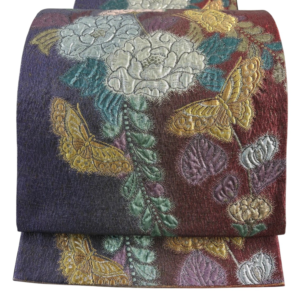 【美品】 袋帯 秀品 牡丹 蝶 箔 金糸 紫 六通 正絹 【中古】