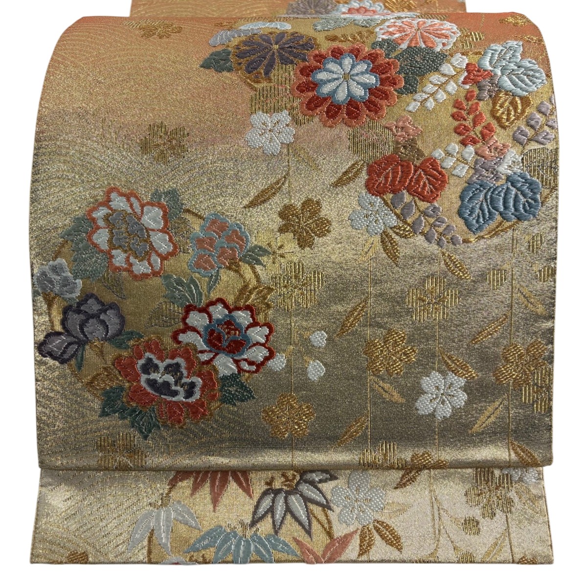 【美品】 袋帯 秀品 鈴乃屋 花丸文 草花 刺繍 金糸 金色 六通 正絹 【中古】