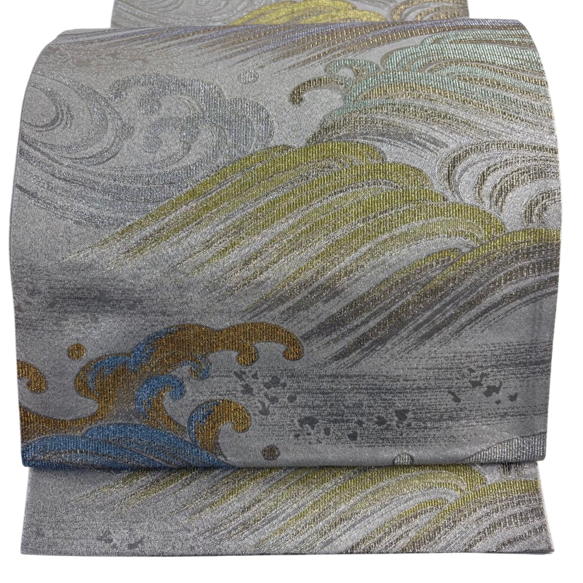 【美品】 袋帯 秀品 波 波頭 金銀糸 箔 灰白 六通 正絹 【中古】