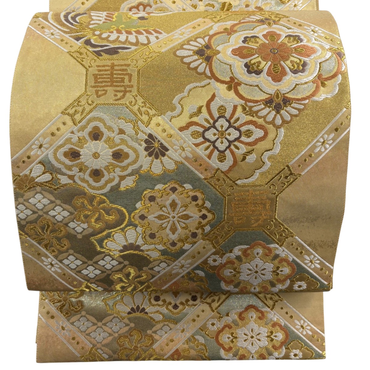 【美品】 袋帯 秀品 落款あり 蜀江文 華文 金糸 箔 金色 六通 正絹 【中古】
