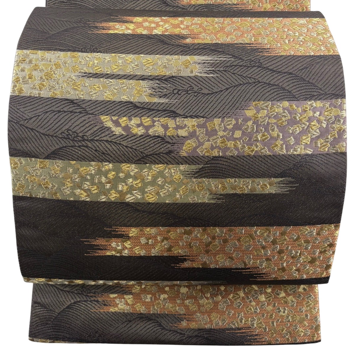 【美品】 袋帯 秀品 霞 幾何学 金糸 箔 黒灰 六通 正絹 【中古】
