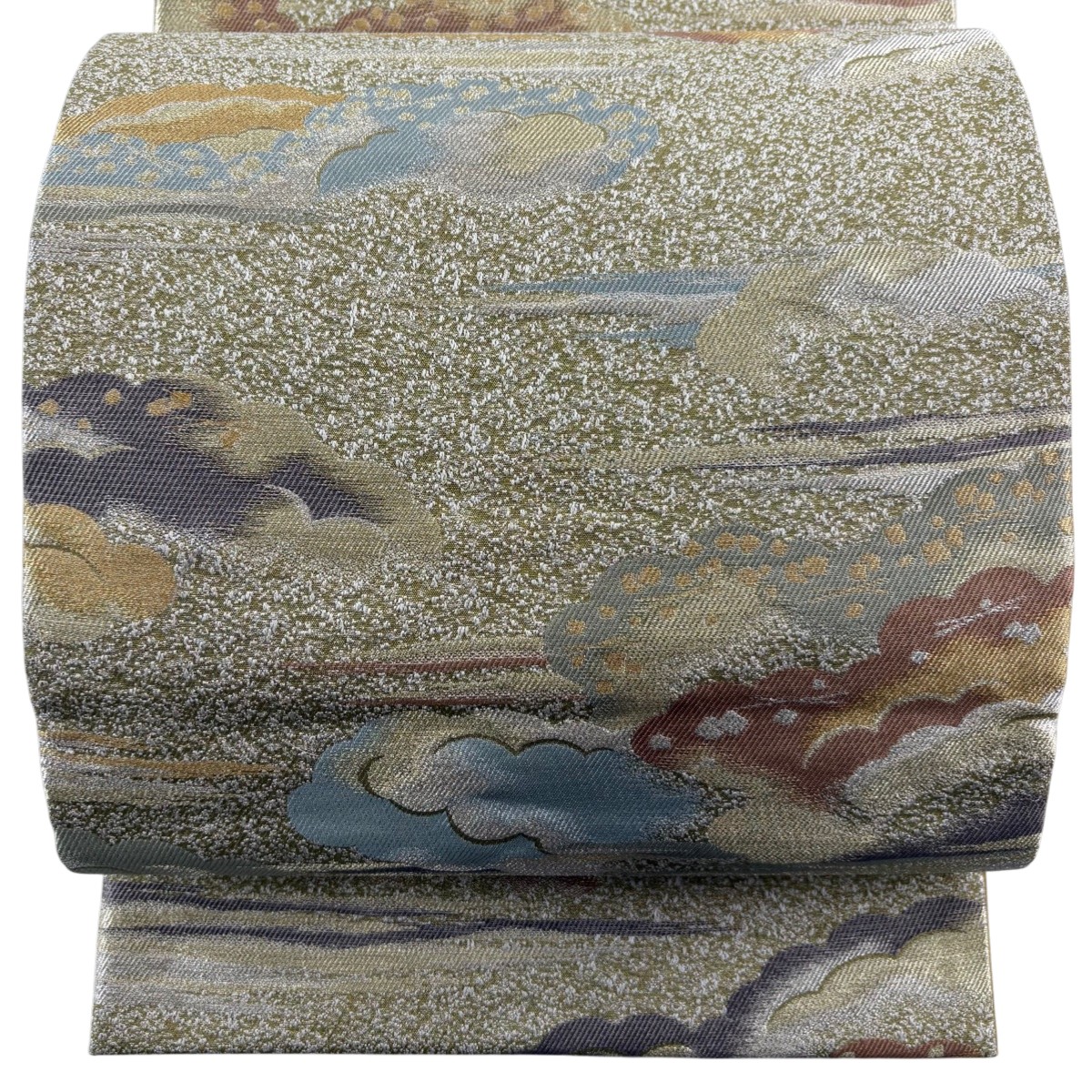 【美品】 袋帯 秀品 雲文 霞 金銀糸 灰緑 六通 正絹 【中古】