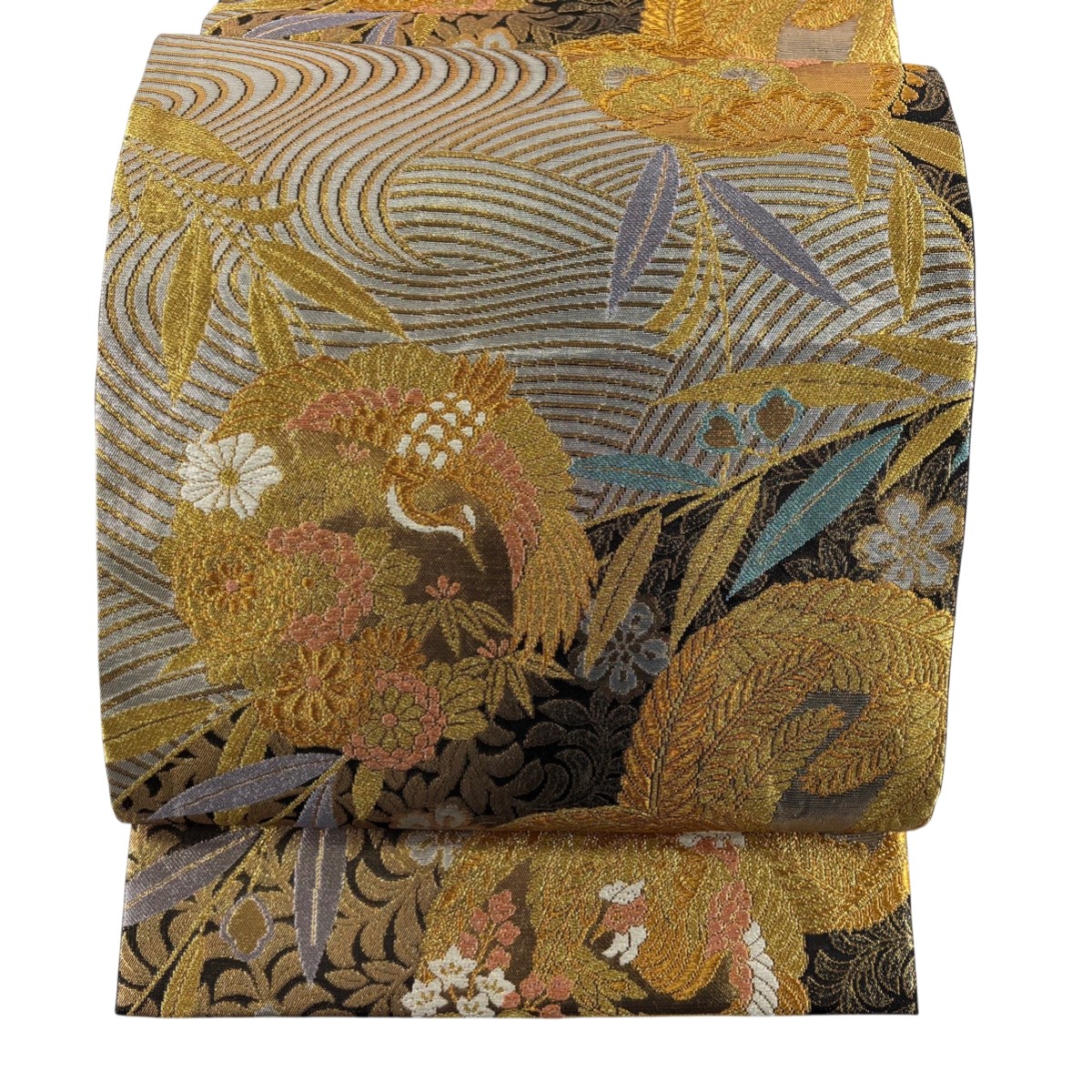 【美品】 袋帯 秀品 花丸文 花唐草 唐織 箔 墨色 六通 正絹 【中古】