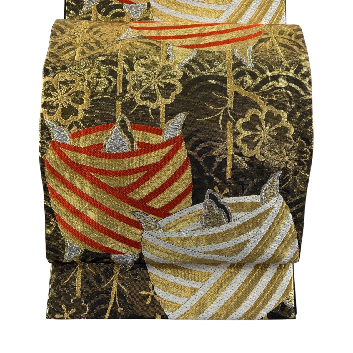 袋帯 秀品 糸巻き 枝垂桜 金糸 唐織 金茶 六通 正絹 【中古】