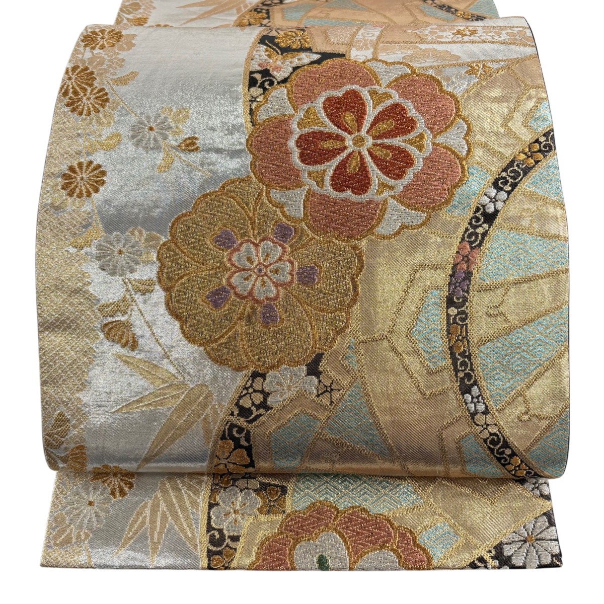 【美品】 袋帯 秀品 花 菊 金銀糸 箔 銀色 六通 正絹 【中古】