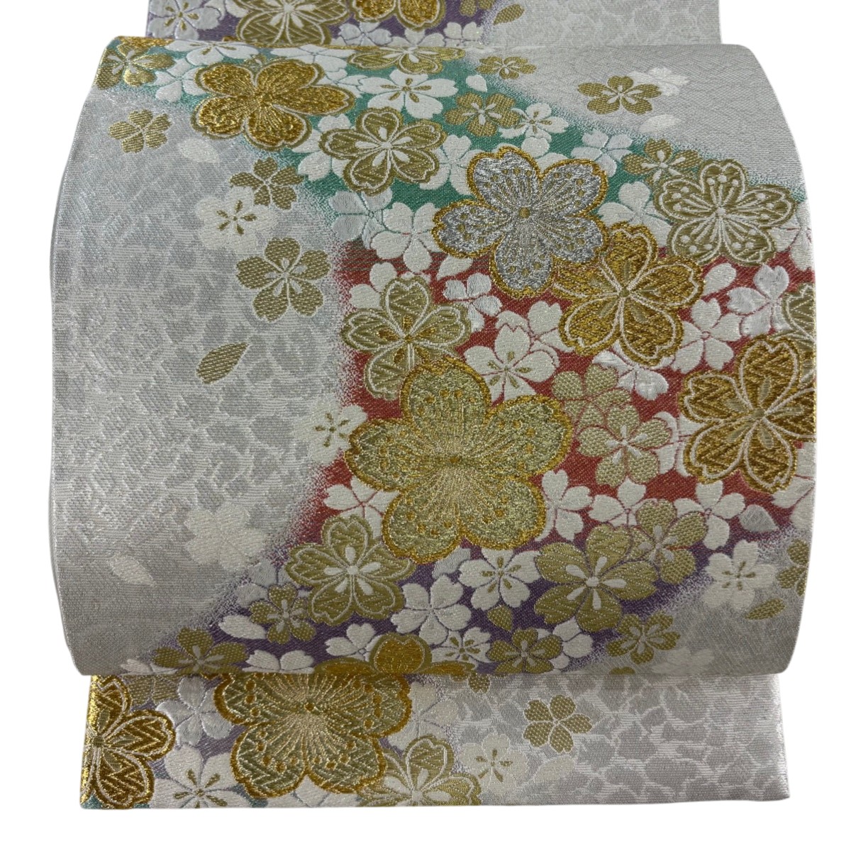 【美品】 袋帯 秀品 桜 花びら 金銀糸 箔 銀色 六通 正絹 【中古】