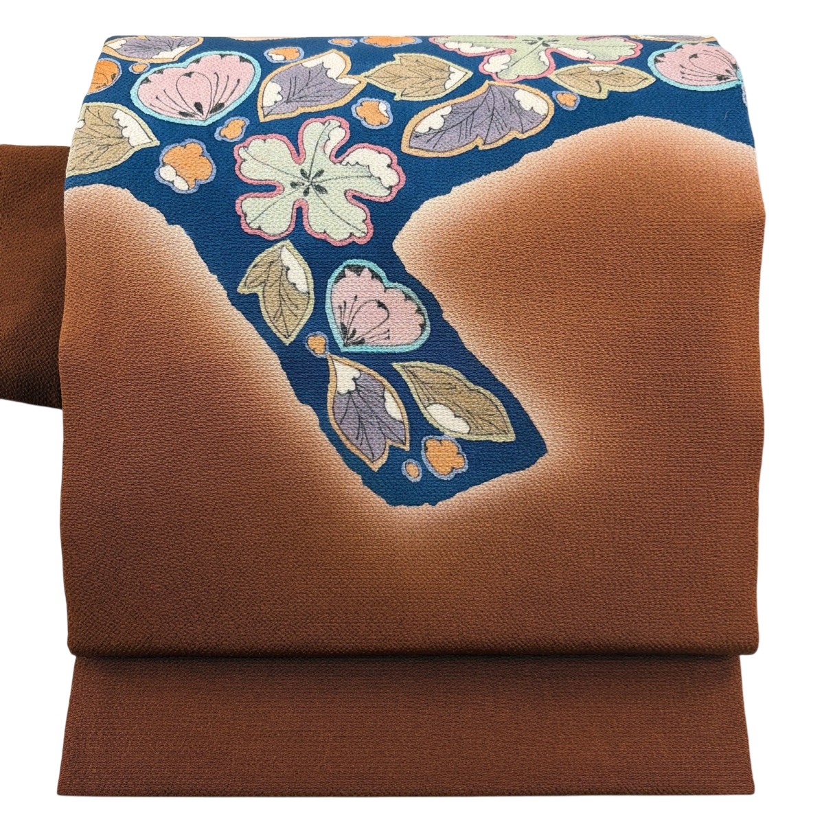 名古屋帯 秀品 草花 縮緬 ぼかし 赤茶 正絹 【中古】