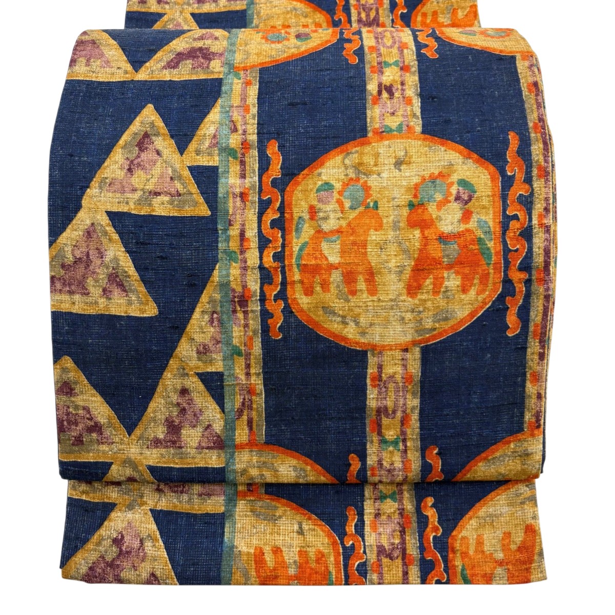 【美品】 袋帯 秀品 紬地 馬 人物 紺色 全通 正絹 【中古】