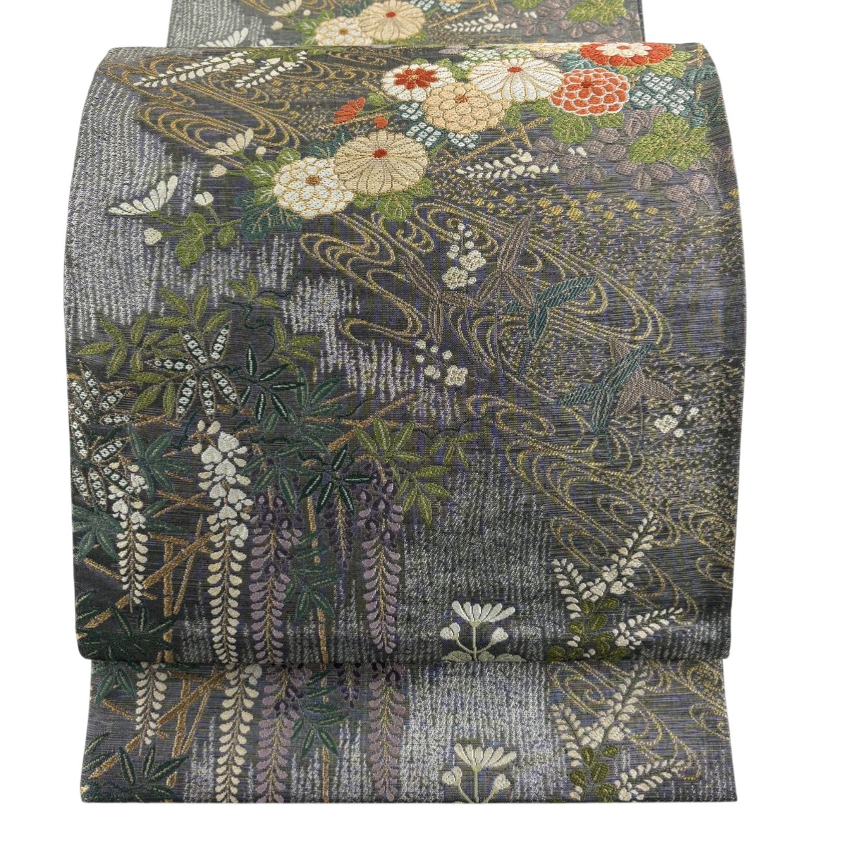 【美品】 袋帯 秀品 菊 藤 金糸 箔 灰色 六通 正絹 【中古】