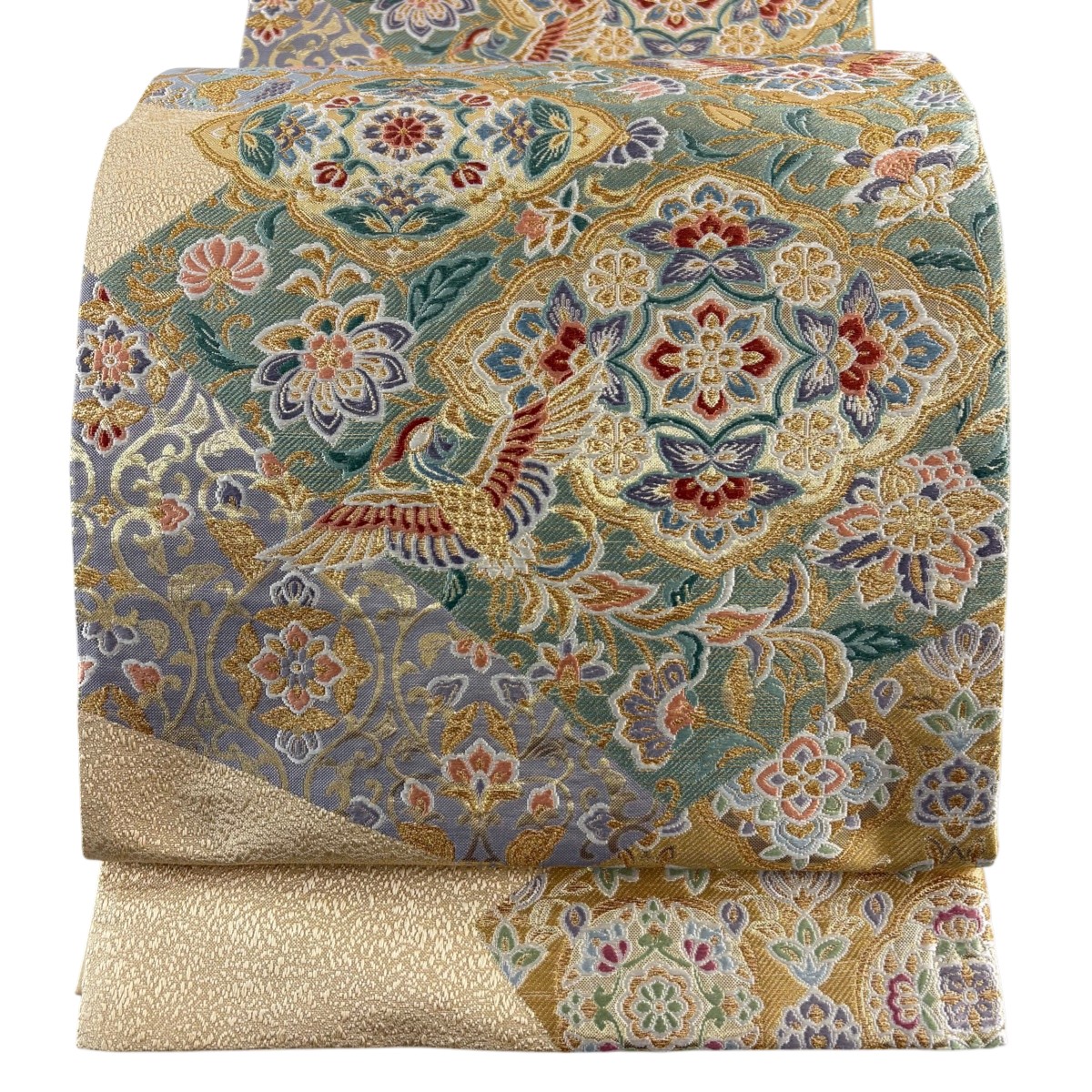 【美品】 袋帯 秀品 花鳥 華文 金糸 箔 金色 六通 正絹 【中古】