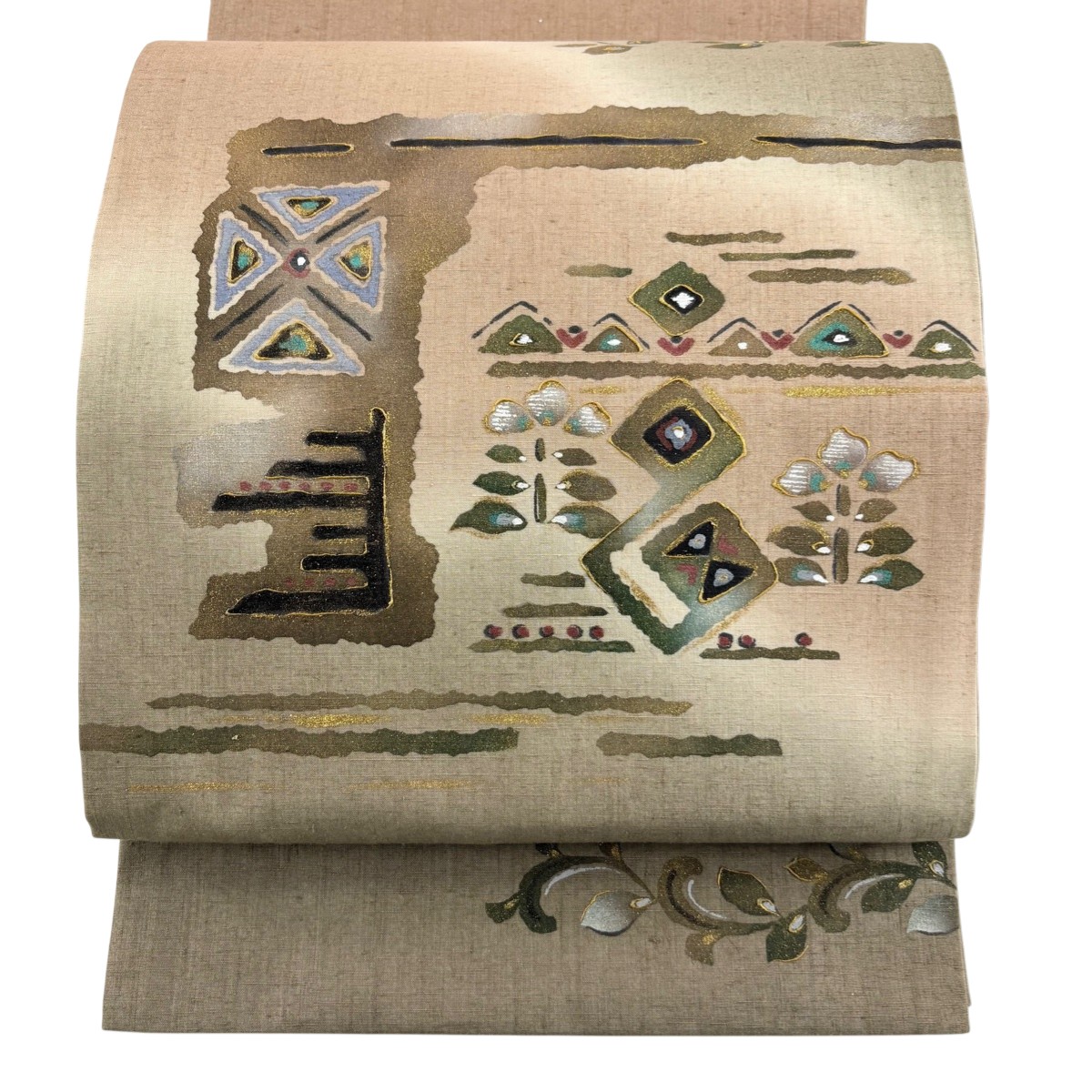 【美品】 袋帯 秀品 落款あり 紬地 幾何学 草花 金彩 茶色 お太鼓柄 正絹 【中古】