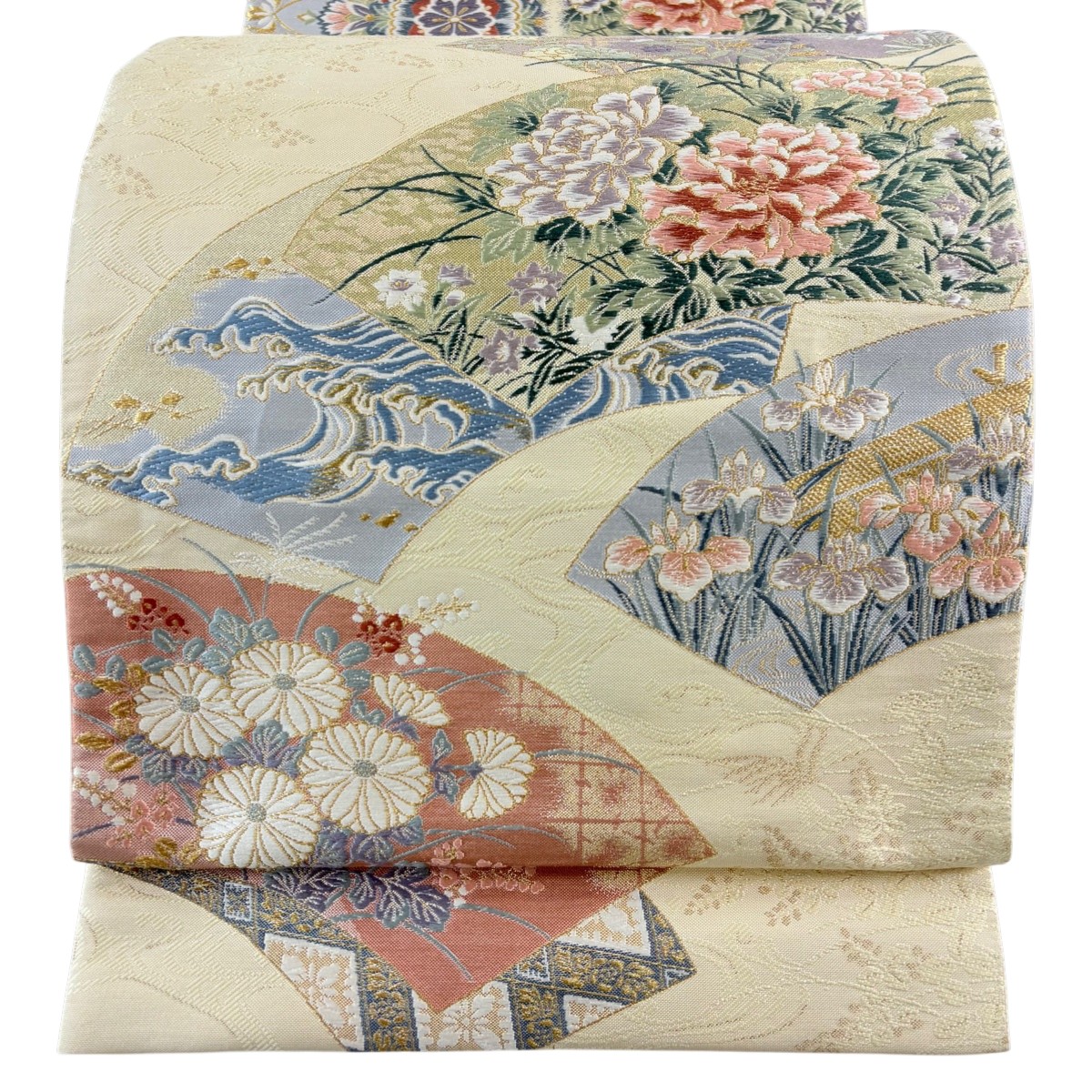 【美品】 袋帯 秀品 やまと 扇面 草花 箔 金糸 クリーム お太鼓柄 正絹 【中古】