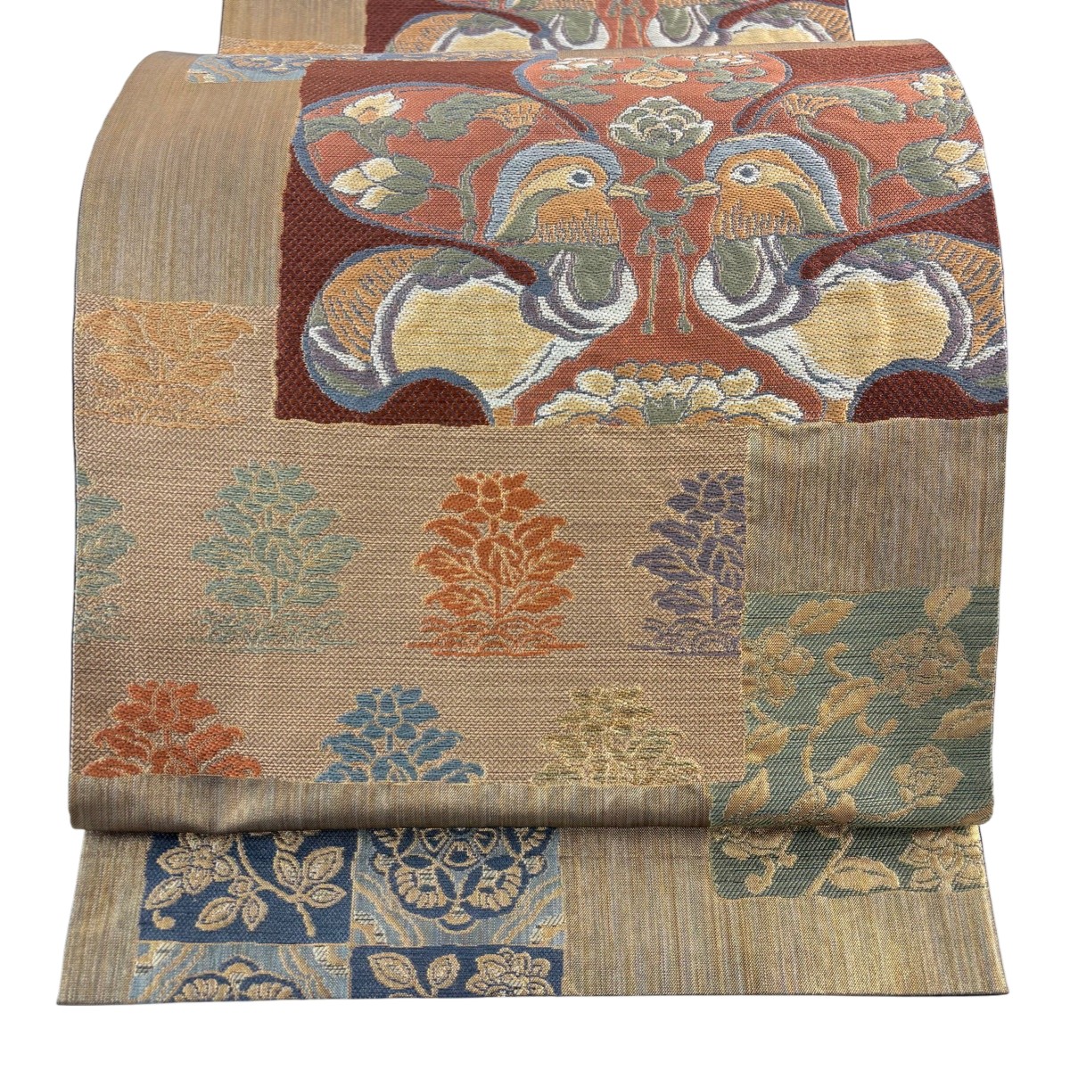 【美品】 袋帯 秀品 向かい鳥 草花 箔 金銀糸 茶色 六通 正絹 【中古】