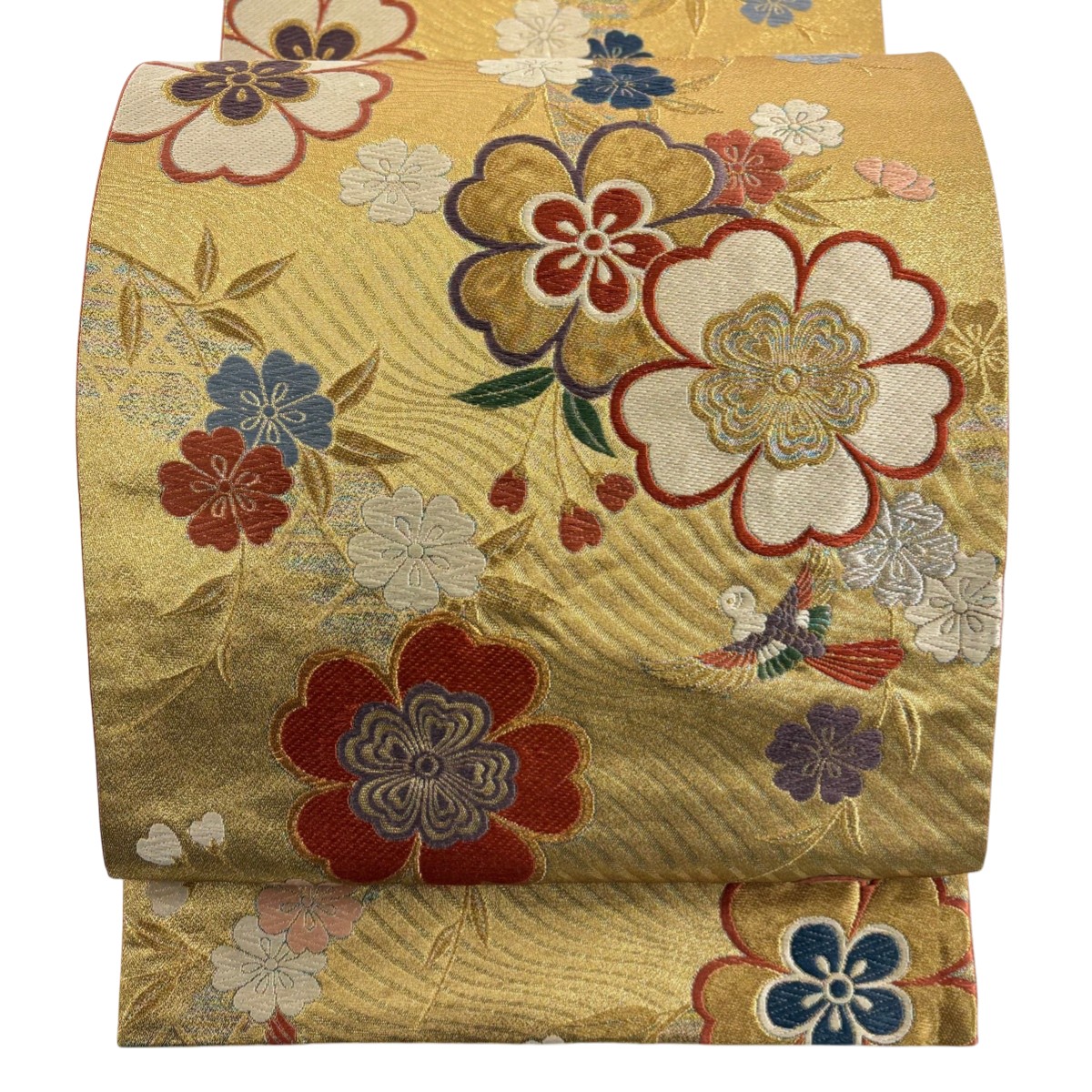 【美品】 袋帯 秀品 桜 鳥 唐織 金銀糸 金色 六通 正絹 【中古】