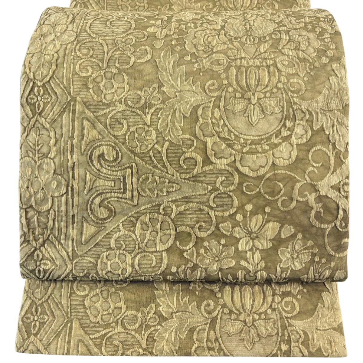 【美品】 袋帯 秀品 花唐草 草花 抹茶色 全通 正絹 【中古】