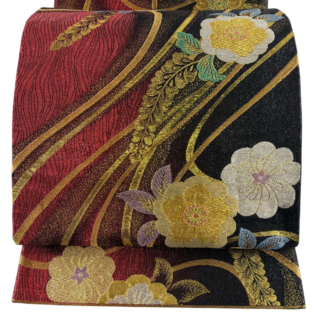 【美品】 袋帯 秀品 草花 よろけ縞 金銀糸 ぼかし 黒 六通 正絹 【中古】