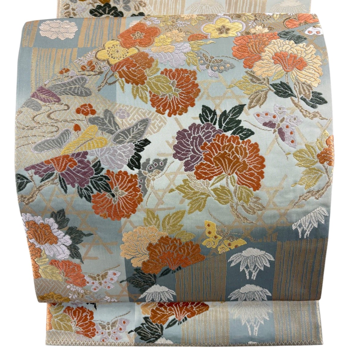 【美品】 袋帯 秀品 能衣の美 草花 蝶 箔 唐織 灰緑 六通 正絹 【中古】