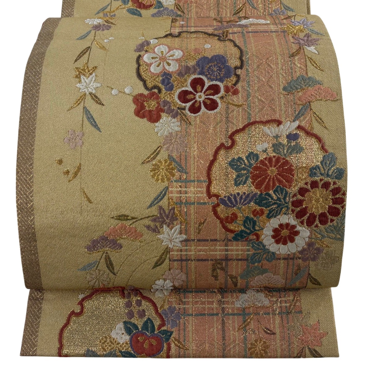 【美品】 袋帯 秀品 雪輪 草花 金糸 箔 ベージュ 六通 正絹 【中古】