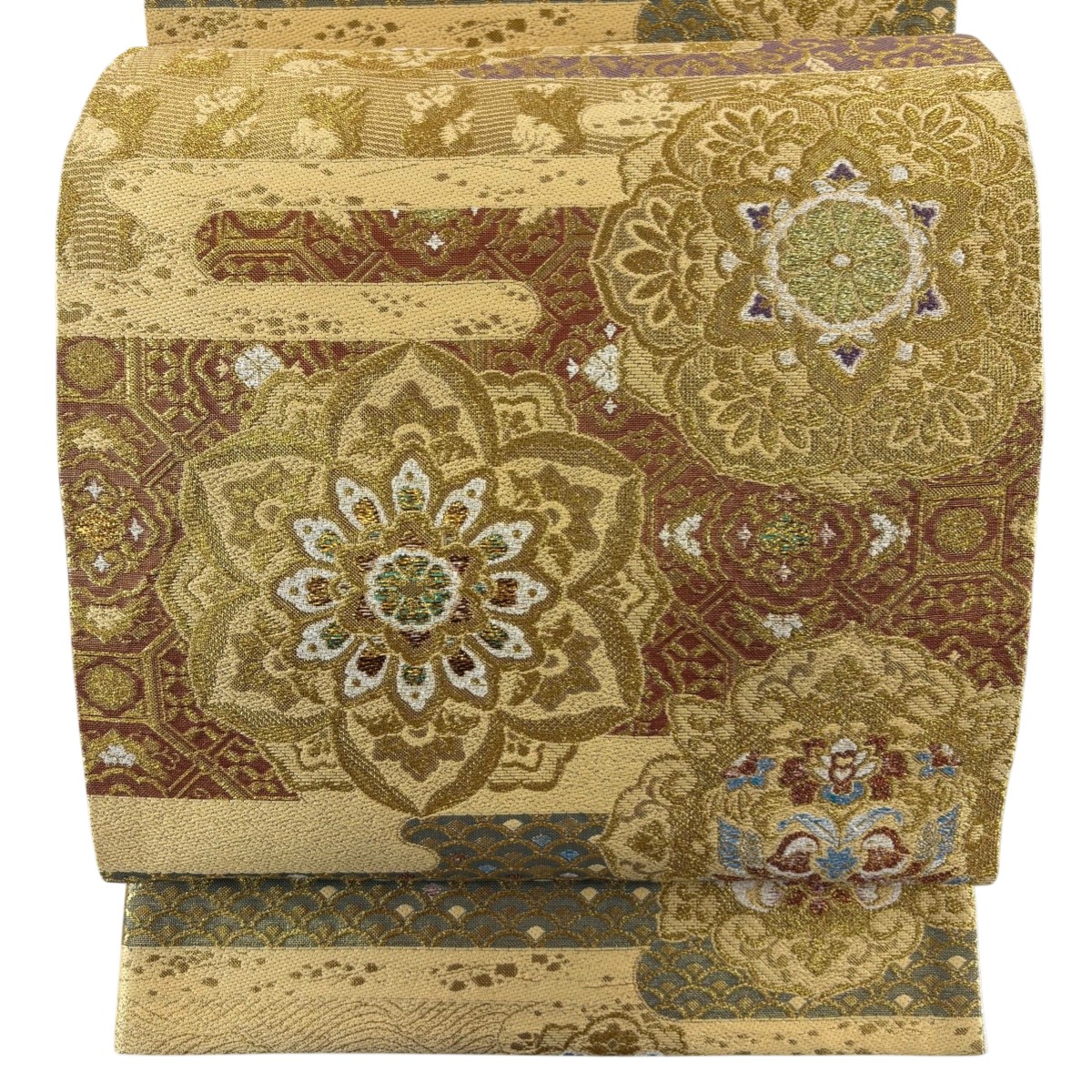 【美品】 袋帯 秀品 華文 向かい鳥 金糸 箔 金色 六通 正絹 【中古】