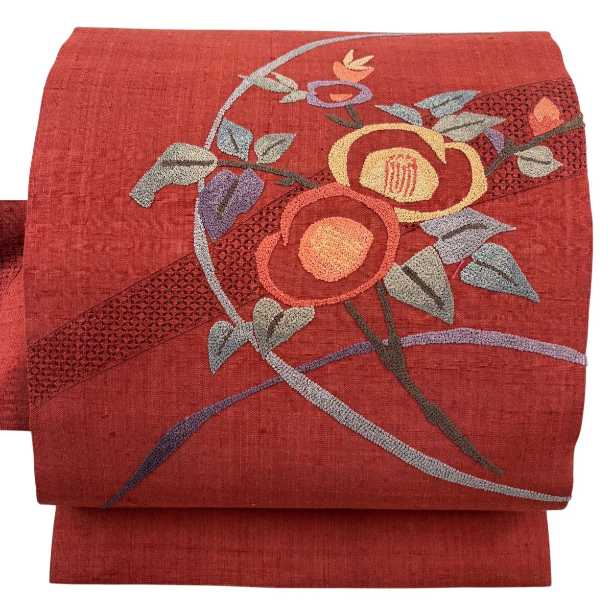 【美品】 名古屋帯 秀品 紬地 草花 相良刺繍 赤茶 正絹 【中古】 msp50