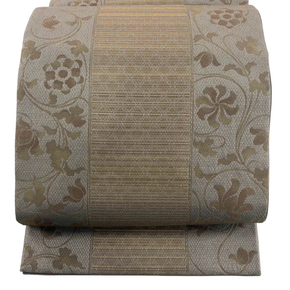 【美品】 袋帯 秀品 花唐草 縞 箔 灰色 六通 正絹 【中古】