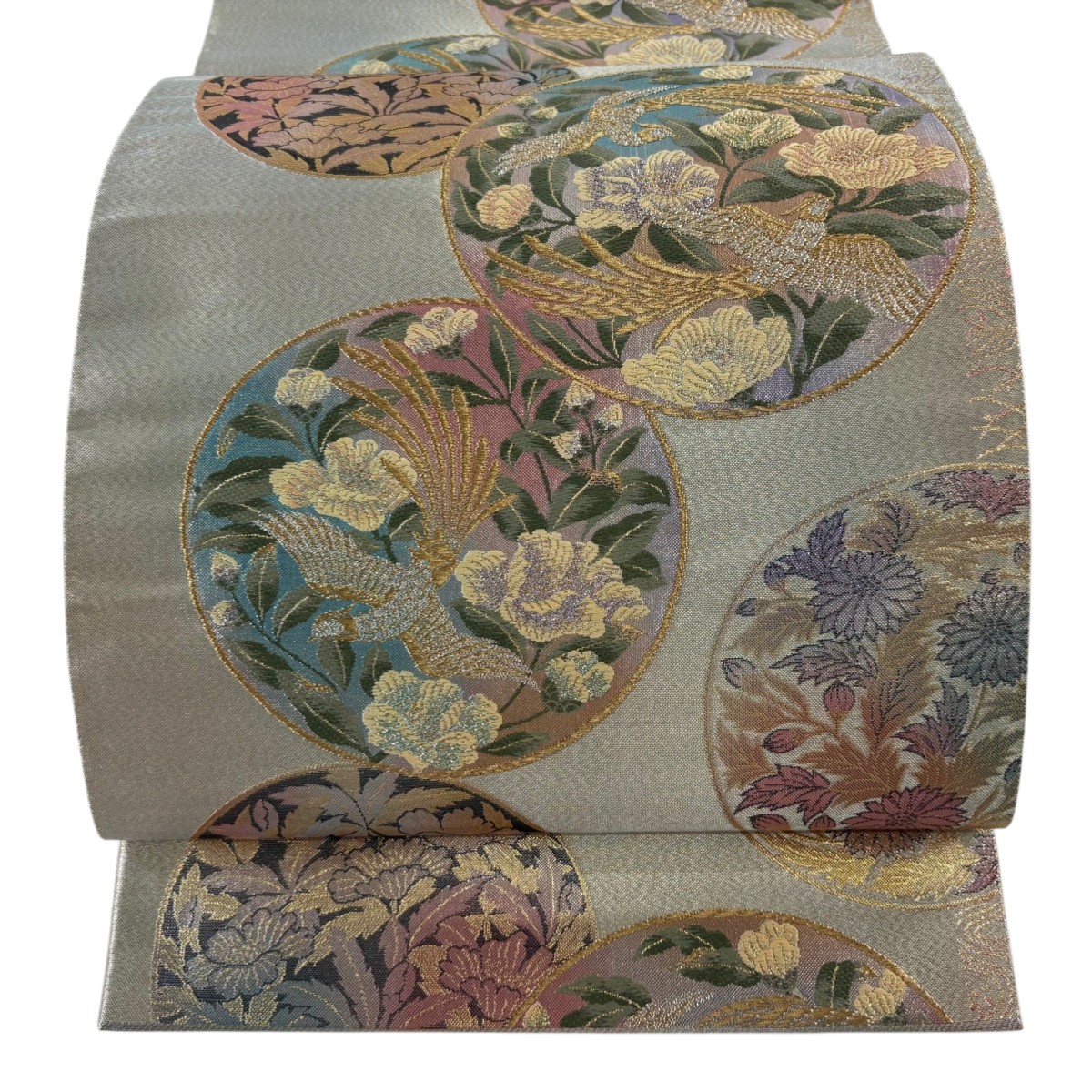 【美品】 袋帯 秀品 関西仕立て 丸文 花鳥 箔 金銀糸 灰緑 六通 正絹 【中古】