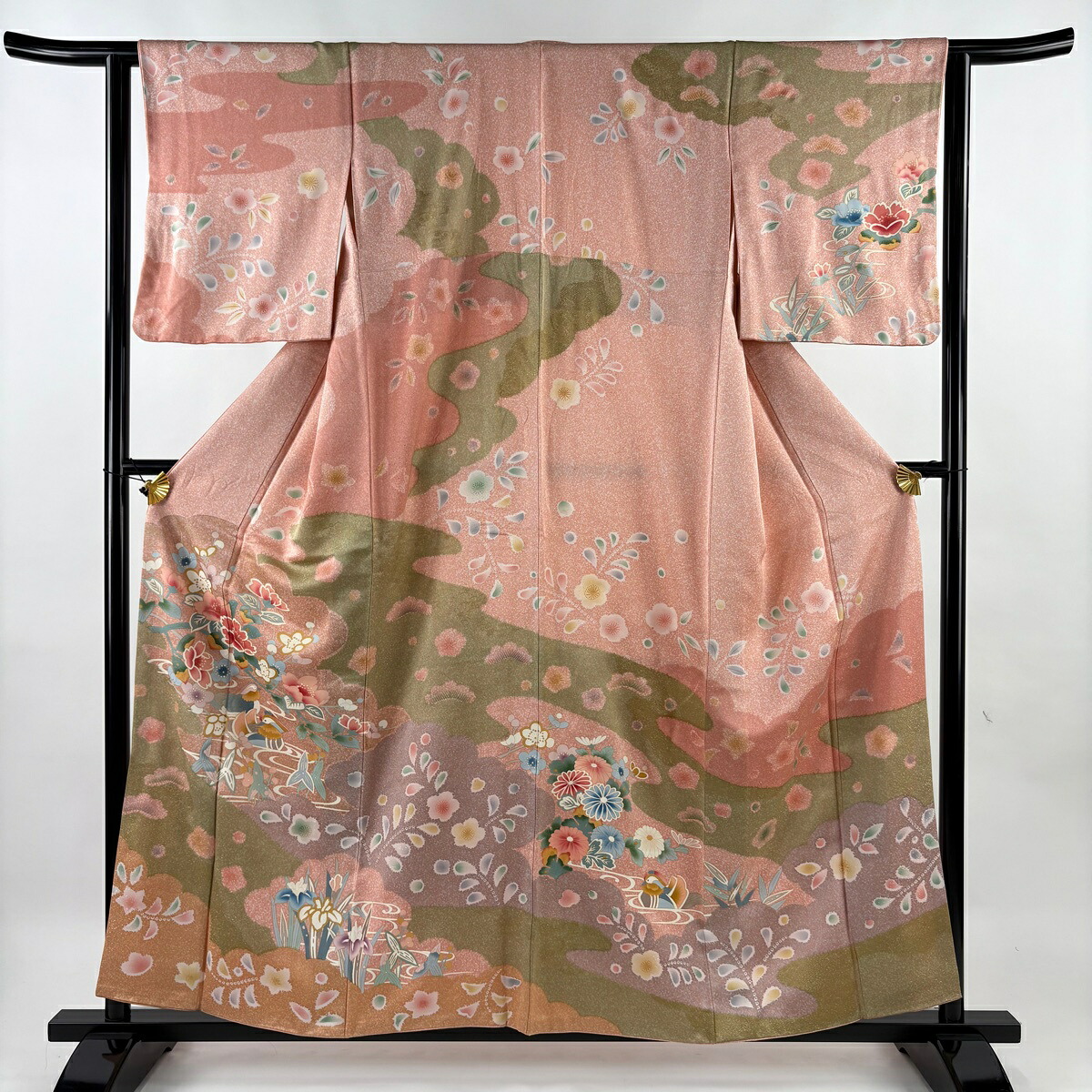訪問着 身丈158.5cm 裄丈62.5cm S 袷 鴛鴦 草花 金銀彩 ピンク 正絹 秀品 【中古】