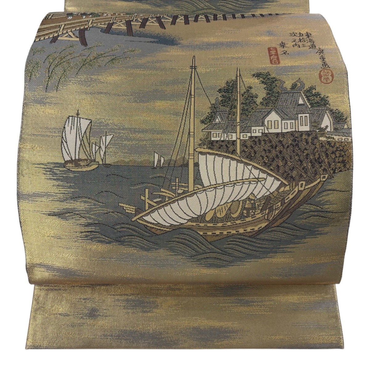 【美品】 袋帯 逸品 落款あり 証紙あり 博多織 小森草木染工房 佐賀錦 東海道五拾三次 舟 金糸 箔 金色 全通 正絹 【中古】 msp30