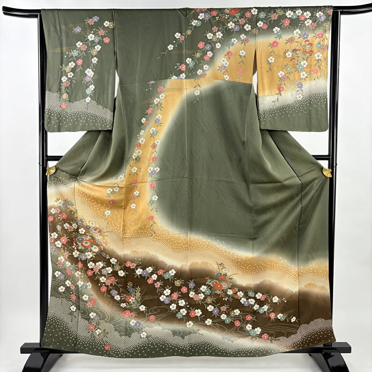 訪問着 身丈162.5cm 裄丈65cm M 袷 草花 流水 金彩 絞り 茶緑色 正絹 秀品 【中古】