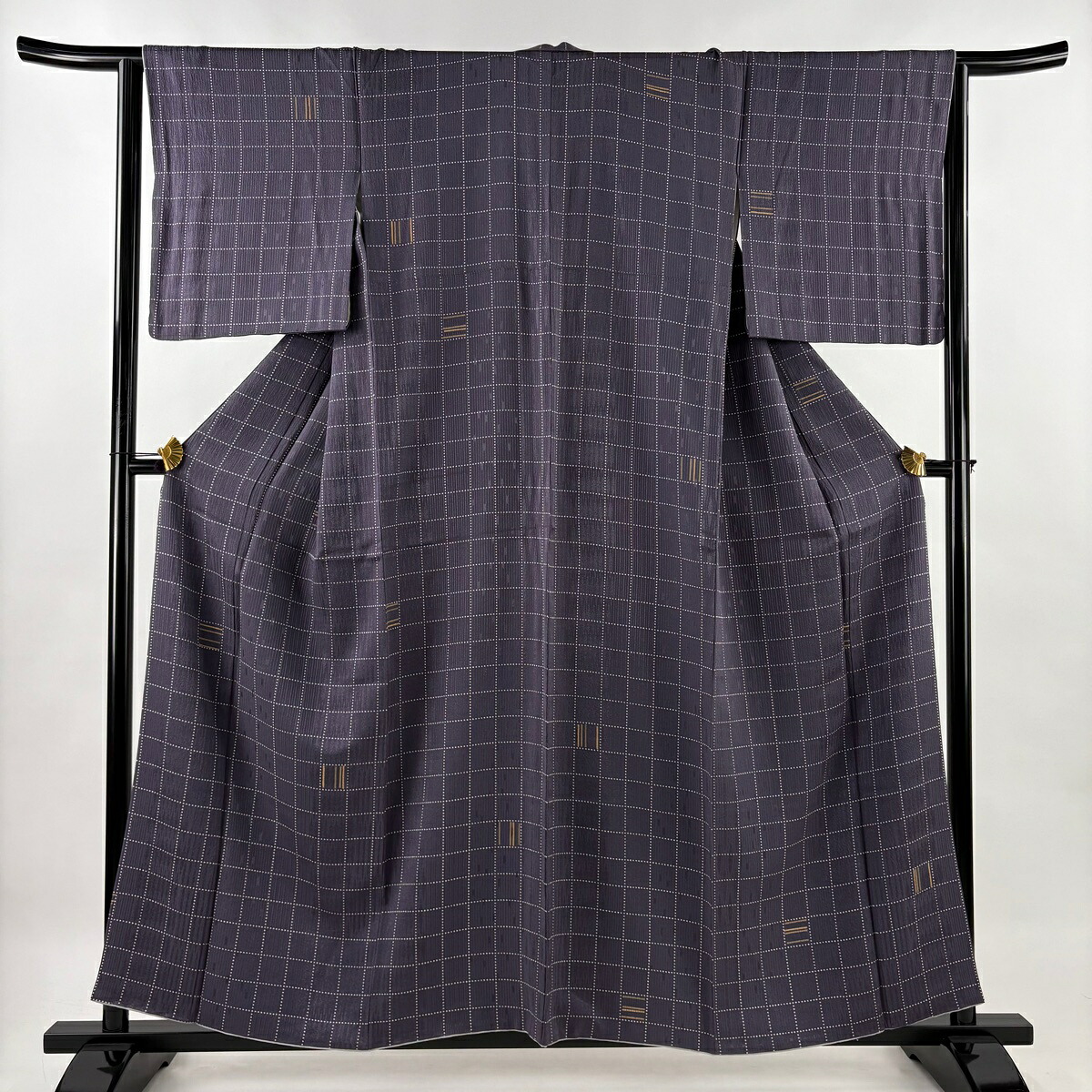 小紋 身丈158cm 裄丈63.5cm S 袷 格子 縞 灰紫 正絹 秀品 【中古】