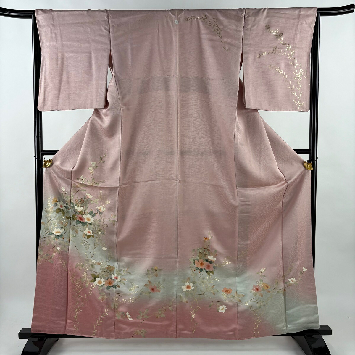 訪問着 身丈162.5cm 裄丈65cm M 袷 枝花 御所車 金彩 ぼかし ピンク 正絹 秀品 一つ紋 【中古】