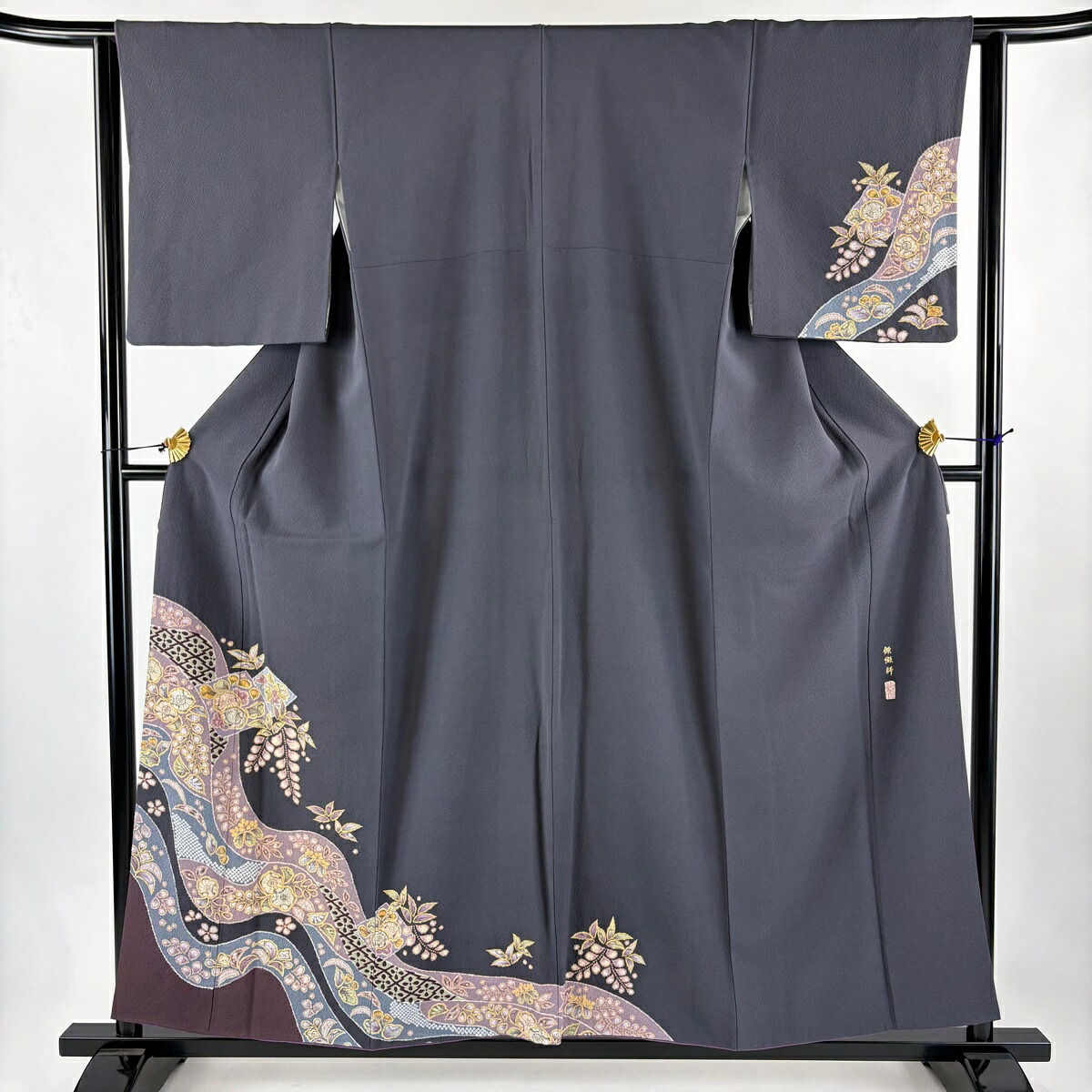 付下げ 身丈157.5cm 裄丈63cm S 袷 翠山工房 落款あり 辻が花 流水 染め分け 黒灰 正絹 名品 【中古】