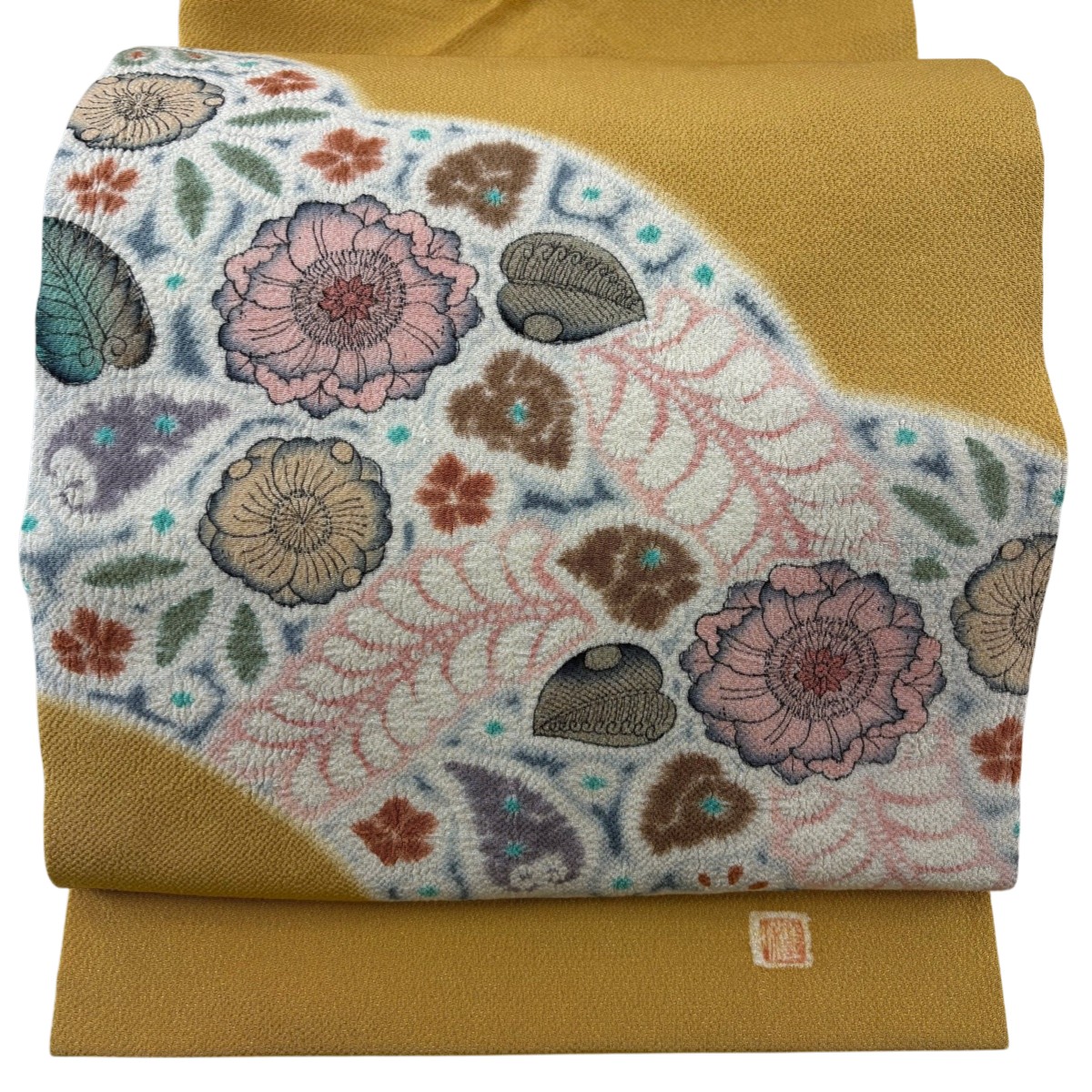 開き名古屋帯 名品 落款あり 草花 絞り 山吹色 正絹 【中古】