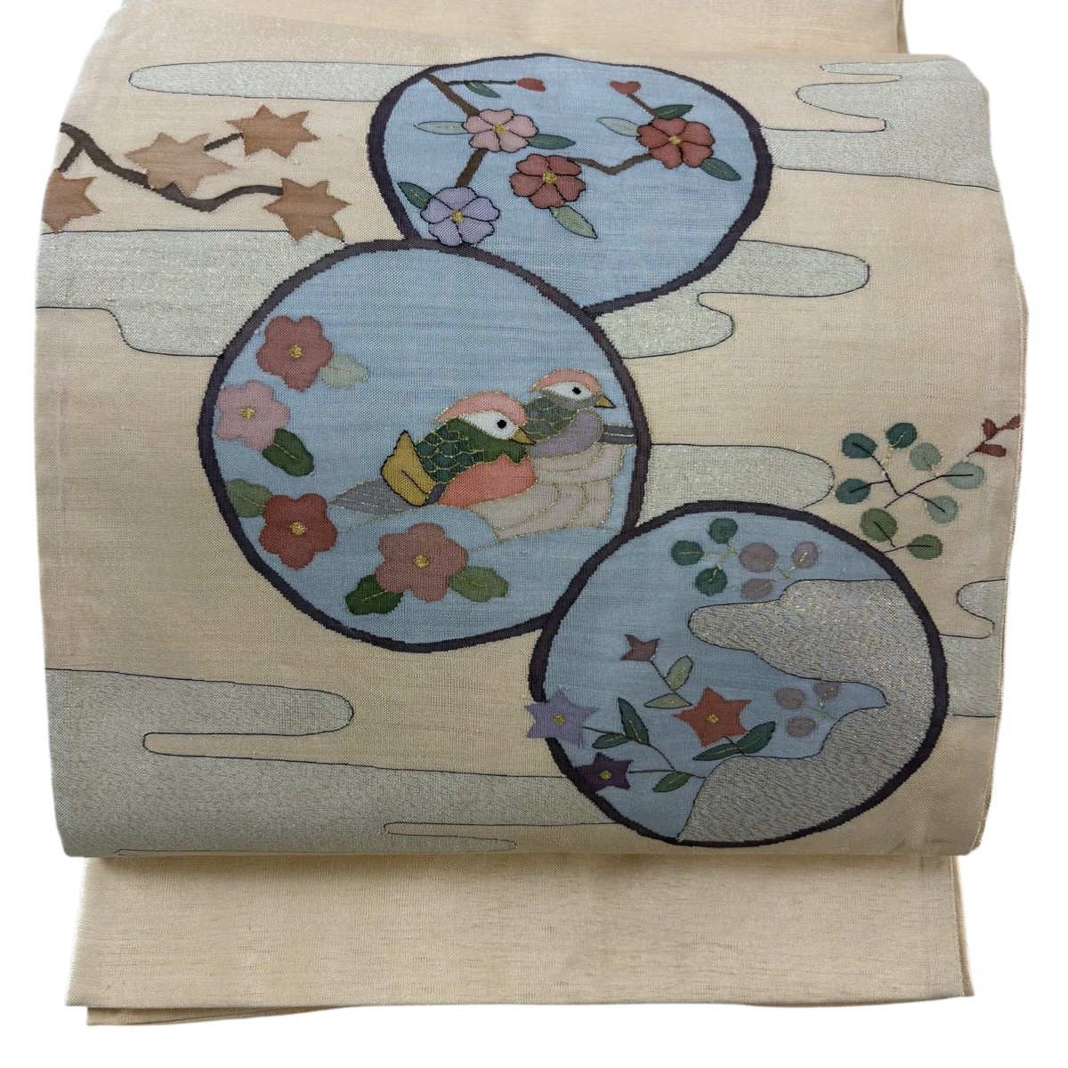 袋帯 名品 鴛鴦 霞 金糸 ベージュ お太鼓柄 正絹 【中古】