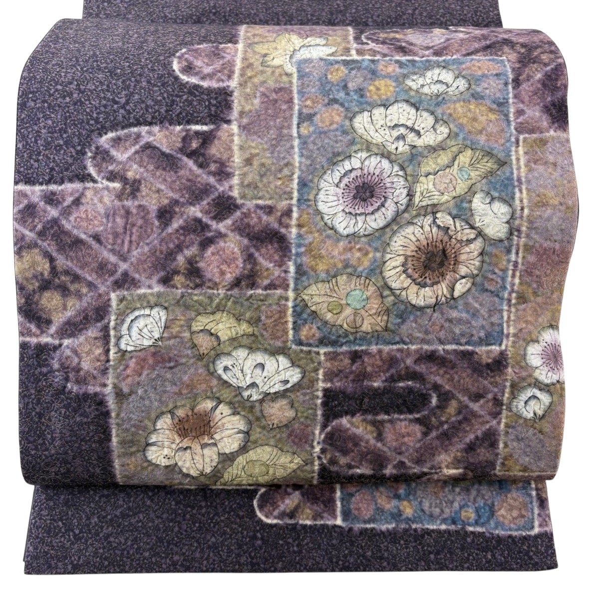 【美品】 袋帯 名品 色紙 草花 金糸 紫 六通 正絹 【中古】 msp50