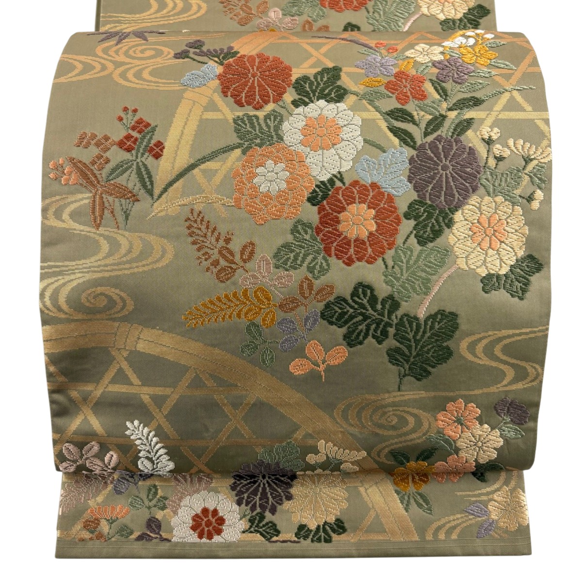 袋帯 名品 菊 流水 箔 唐織 茶緑色 六通 正絹 【中古】 10,212円