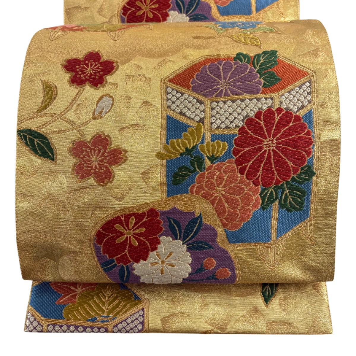 袋帯 名品 花井幸子 落款あり 貝桶 桜 金糸 箔 金色 六通 正絹 【中古】