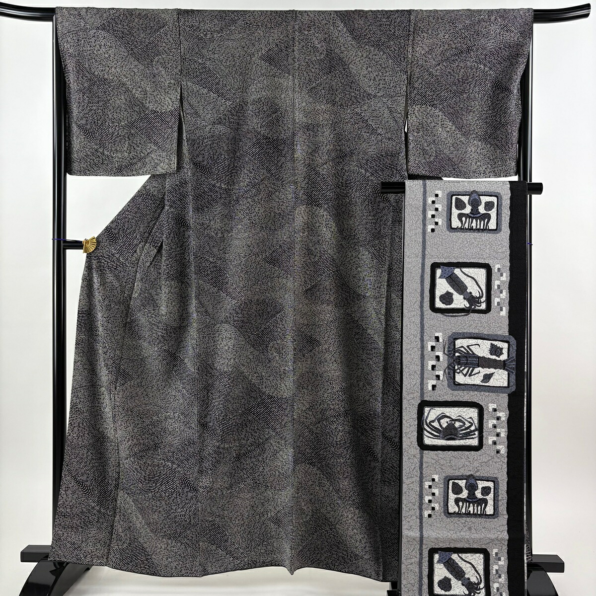 小紋 身丈160.5cm 裄丈67cm M 袷 花井幸子 袋帯セット 落款あり 黒 正絹 名品 【中古】 msp50