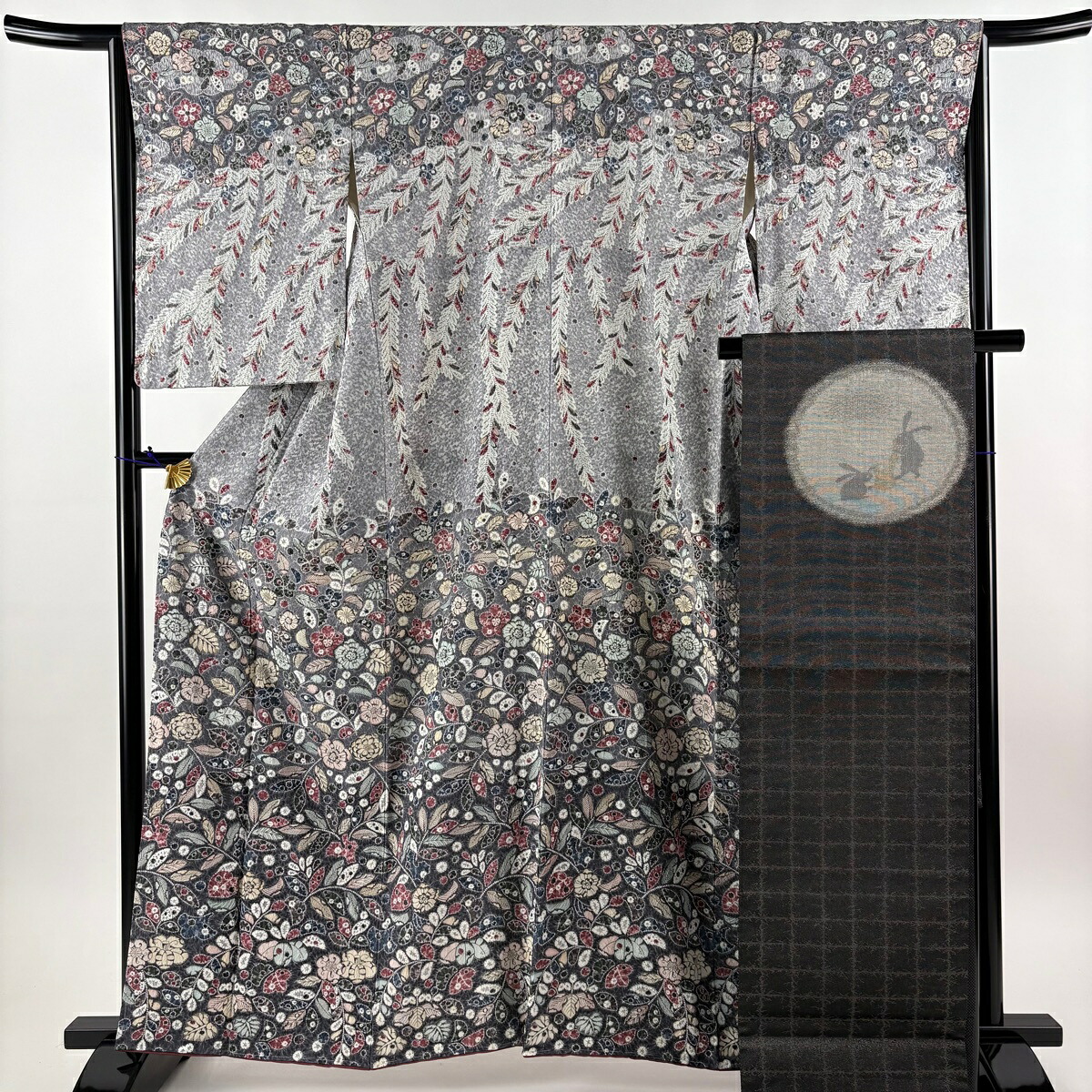 訪問着 身丈160.5cm 裄丈64.4cm M 袷 袋帯セット 草花 ぼかし 灰色 正絹 名品 【中古】 msp50