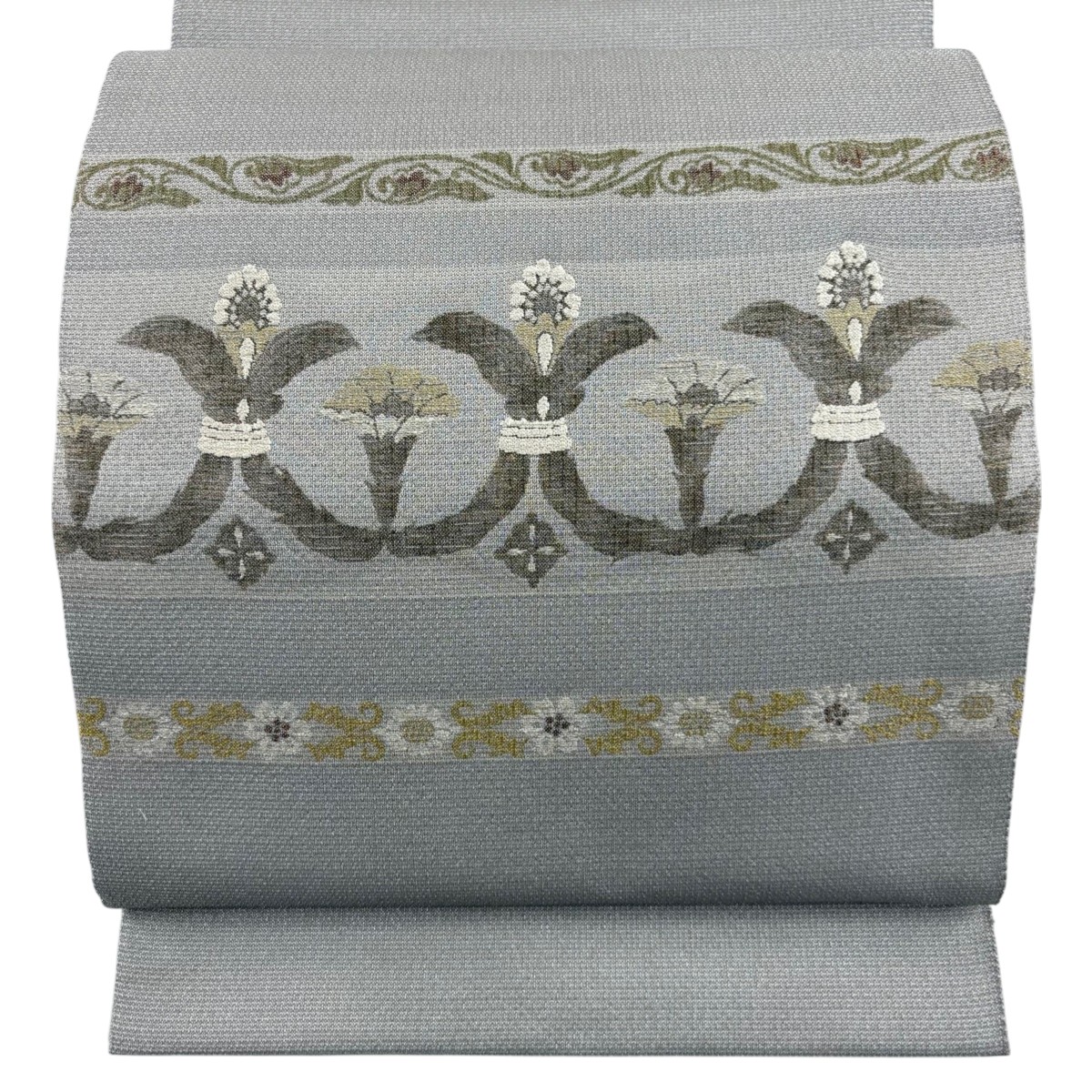【美品】 袋帯 秀品 草花 銀糸 灰色 お太鼓柄 正絹 【中古】