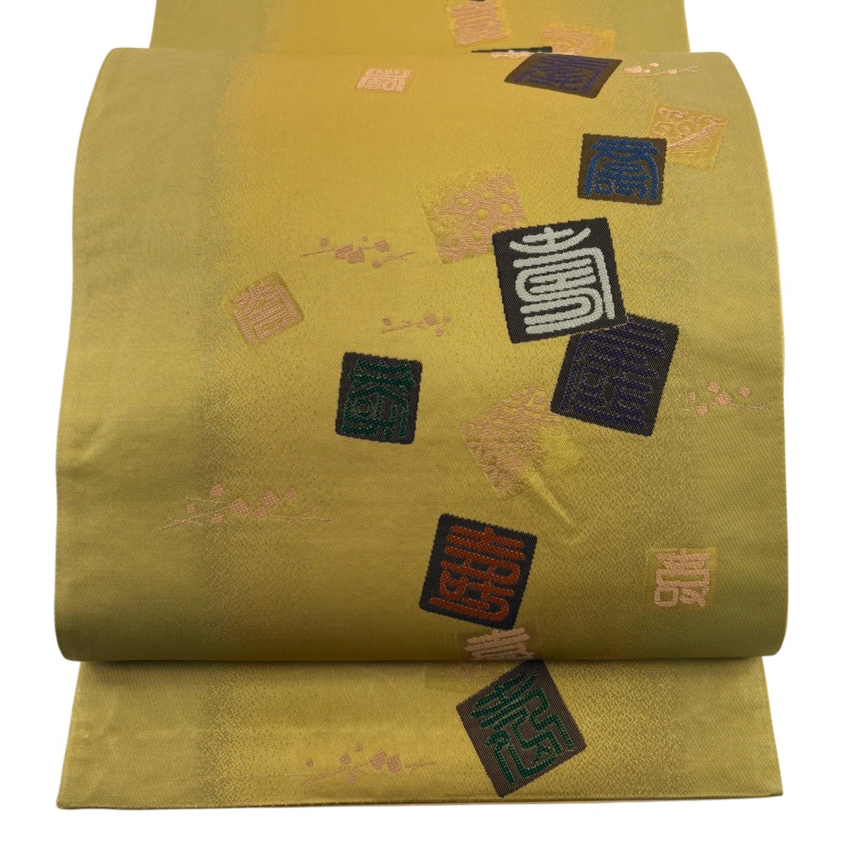 【美品】 袋帯 秀品 吉祥文様 文字紋 箔 唐織 からし色 六通 正絹 【中古】