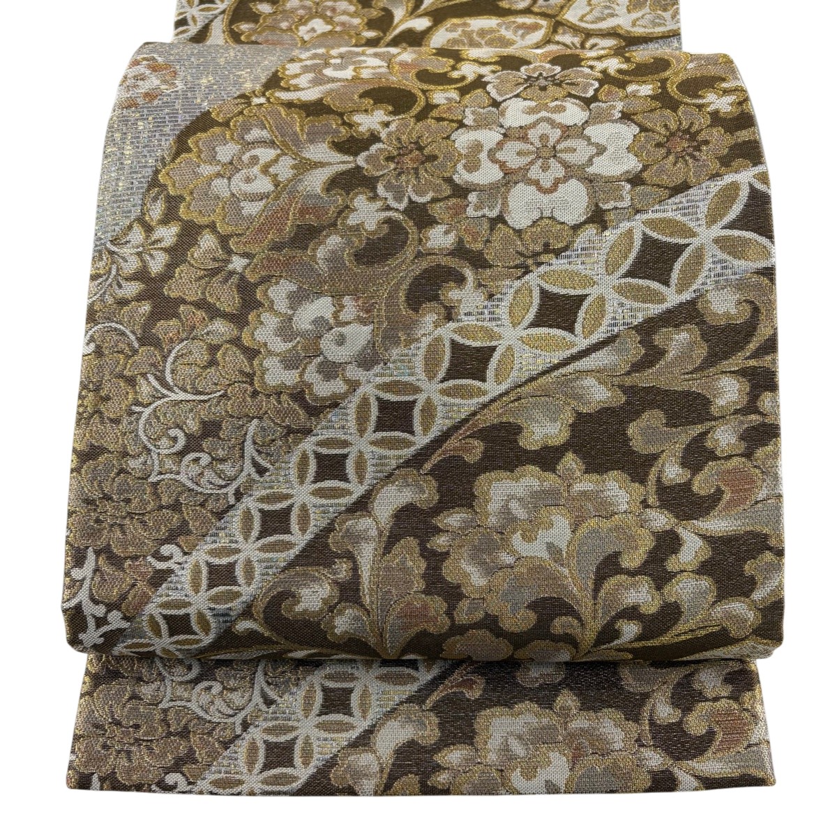 【美品】 袋帯 秀品 華文 花唐草 箔 茶色 六通 正絹 【中古】