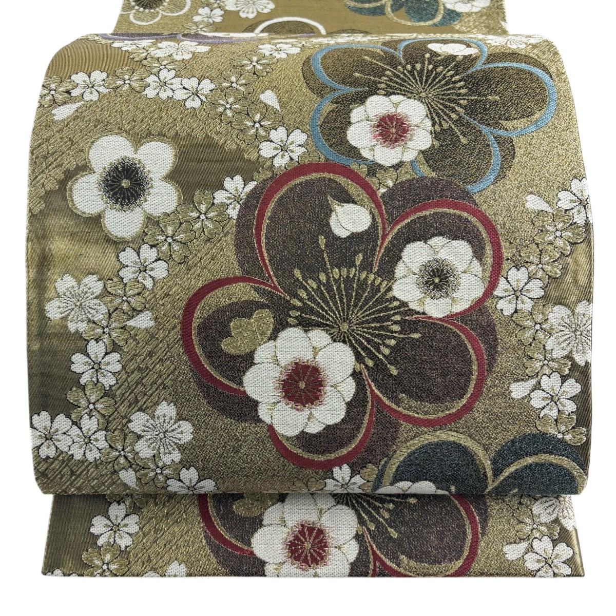 【美品】 袋帯 秀品 梅 桜 金糸 箔 金色 六通 正絹 【中古】