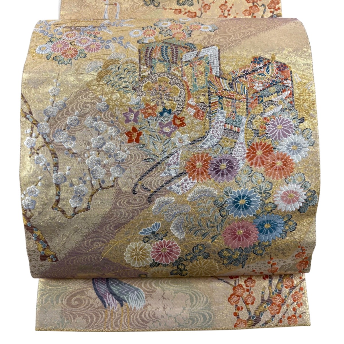 【美品】 袋帯 秀品 麗華薫香琳派文 御所車 刺繍 金糸 金色 六通 正絹 【中古】