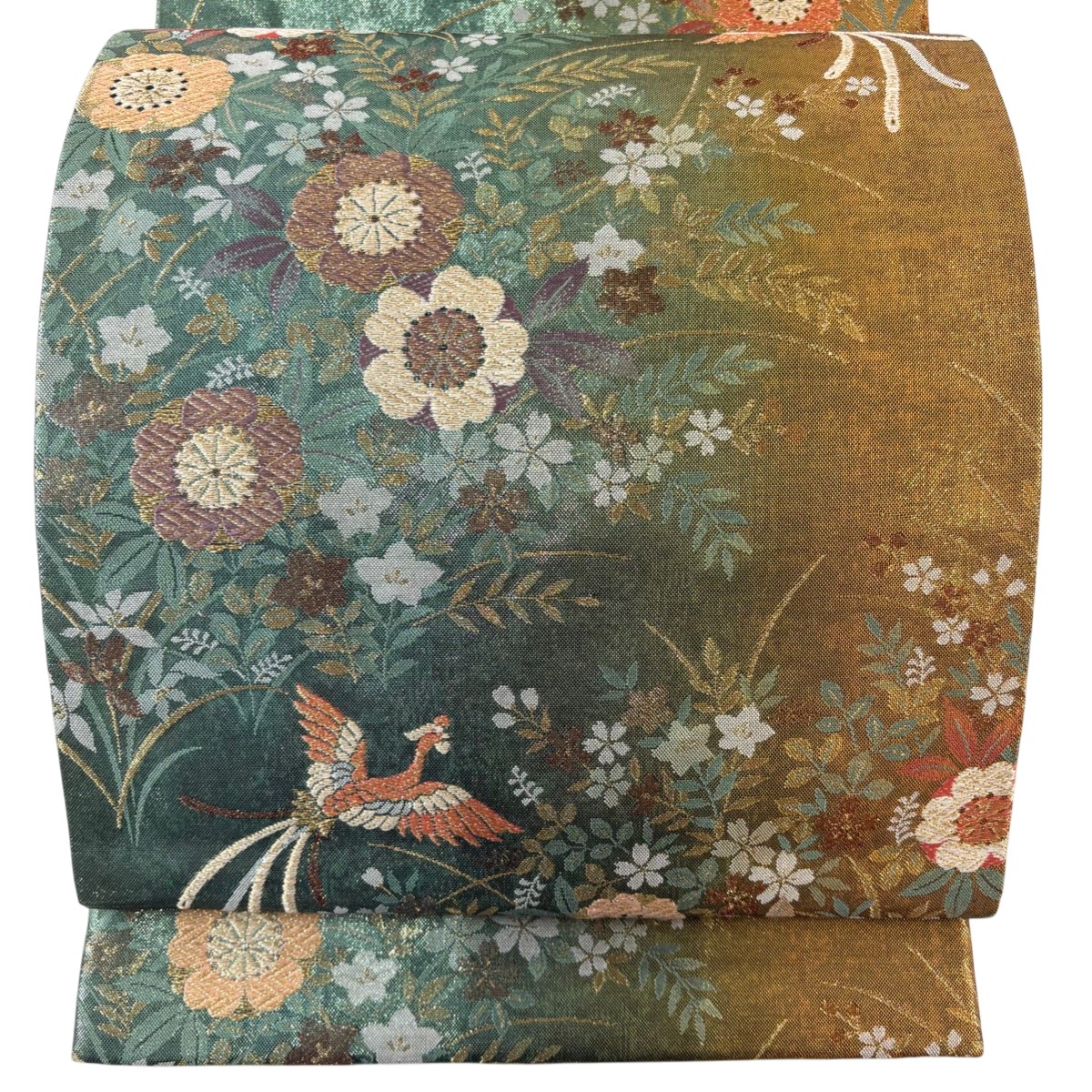 【美品】 袋帯 秀品 桜 尾長鳥 金糸 箔 緑 六通 正絹 【中古】