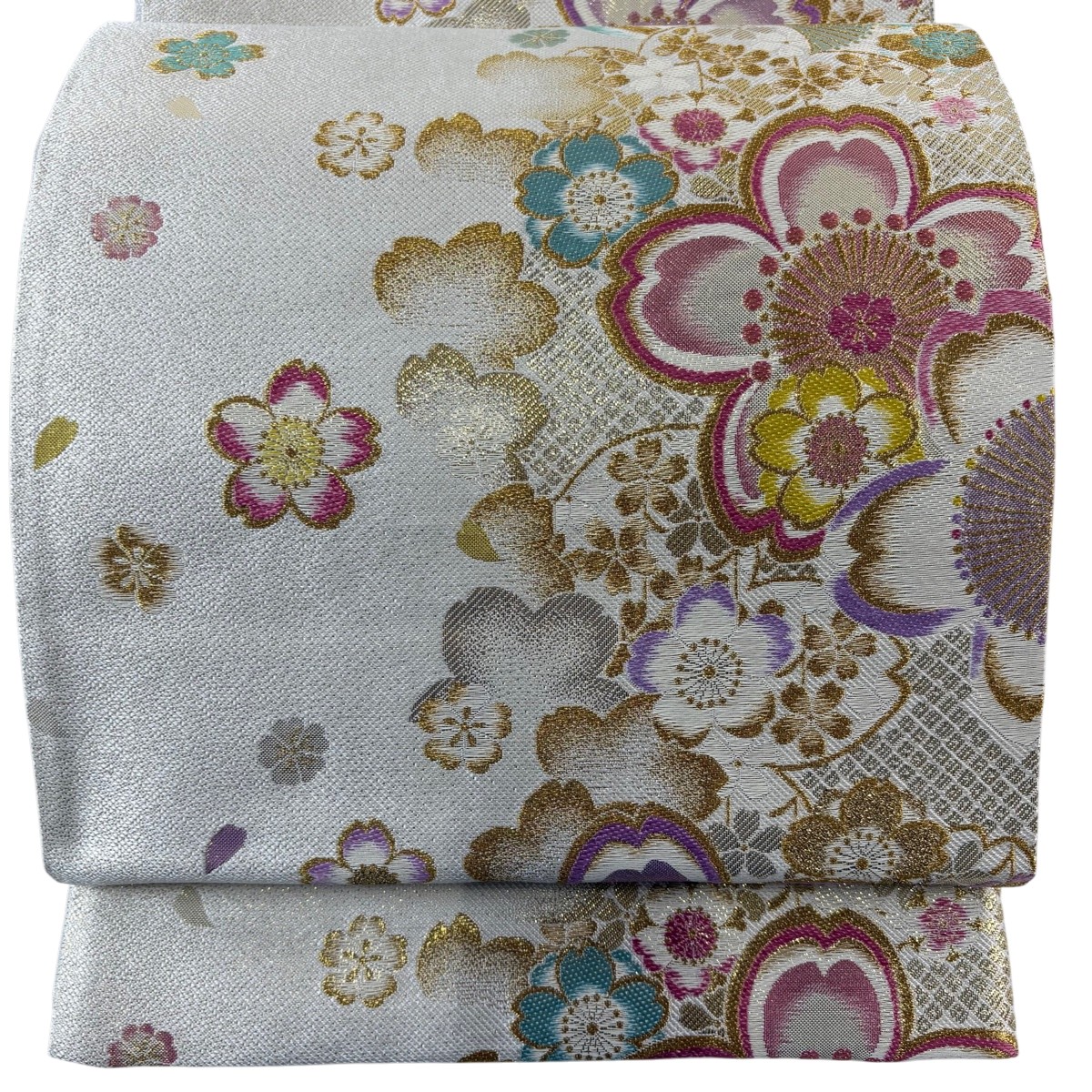 【美品】 袋帯 秀品 桜 花びら 金糸 刺繍 灰白 六通 正絹 【中古】